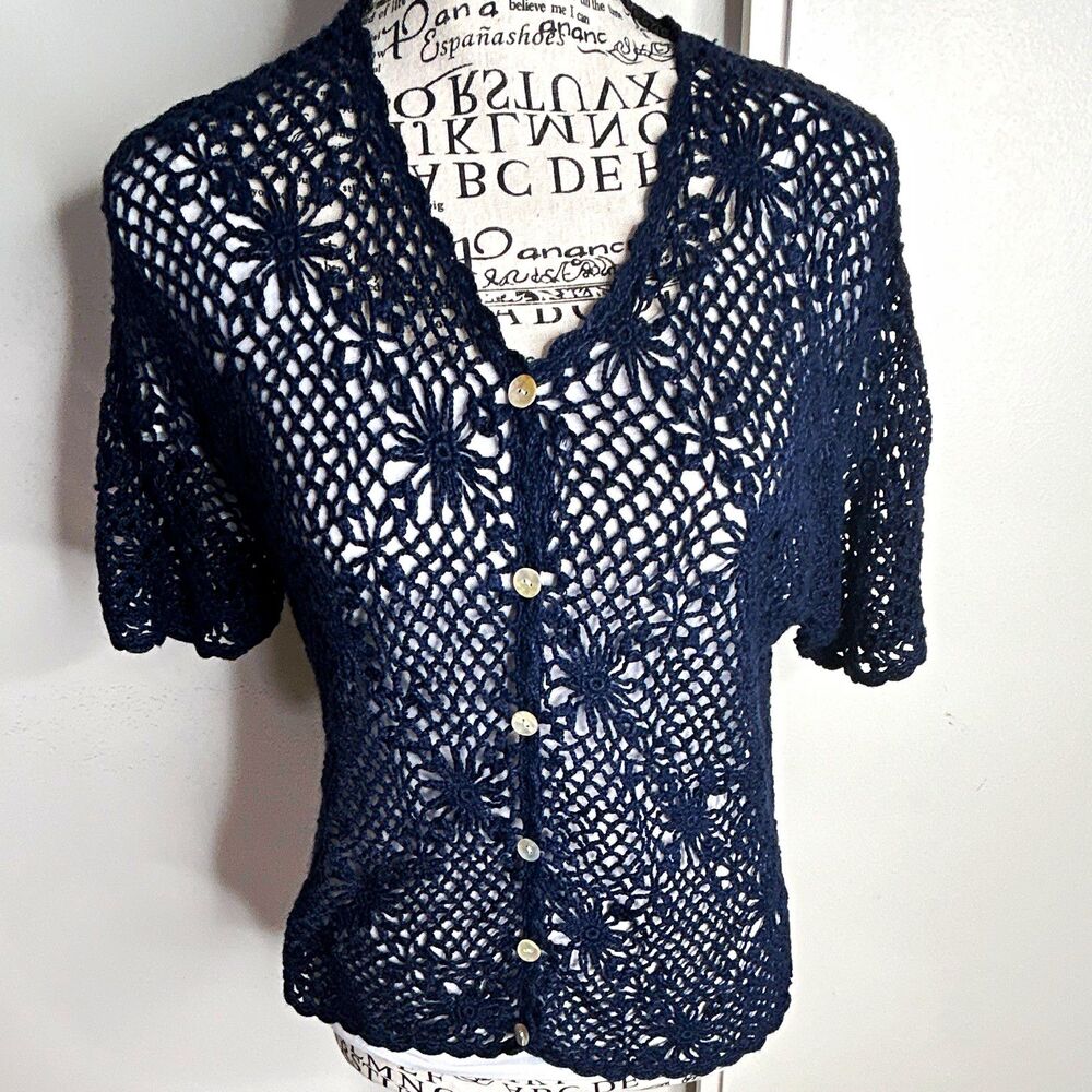 Vintage Dressbarn Navy Crochet Button Down Short Sleeve Sz 12